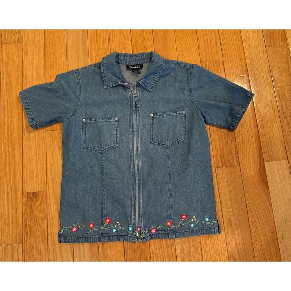Denim & Co. Shirt Jacket Womens M Blue Denim Full Zip Short Sleeve Floral